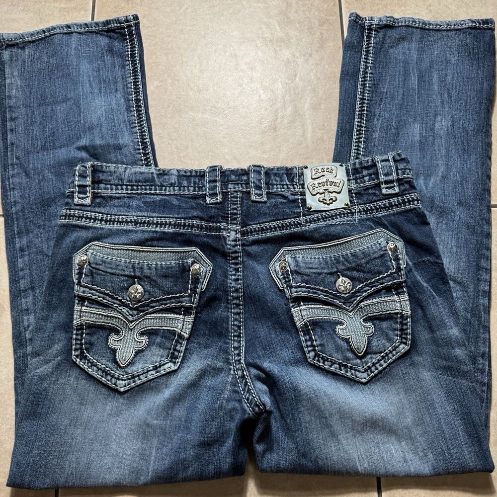 Rock Revival Dan Bootcut Men’s 38x36 Grunge Denim Distressed Embroidered Jeans